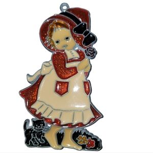 Vintage Handmade Stained Glass Little Girl W Her Kitty Cat Suncatcher Ornament